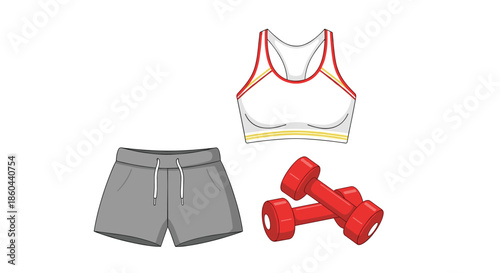 Set of sports wear and equipment featuring a white sports bra gray shorts and a pair of red dumbbells for workout.