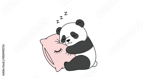 Cute baby panda bear sleeping soundly on a soft pink pillow with zzz symbols expressing deep rest and relaxation.