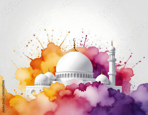 Colorful watercolor art illustration of a mosque in the background featuring a grunge paint splash design with decorative circle elements and a banner frame