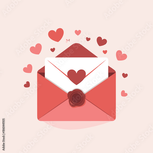 An open red envelope reveals a heartfelt message and surrounding floating pink hearts symbolizing love