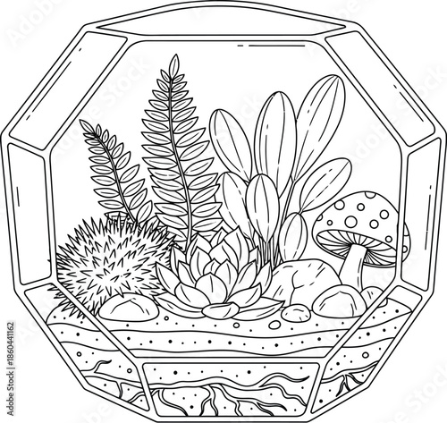Outline drawing of a beautiful geometric terrarium filled with lush plants, rocks, and charming mushrooms ready for coloring