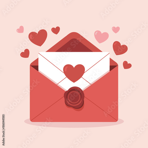 A romantic red envelope with a heart shaped note and scattered hearts exudes love and affection