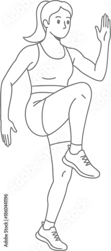Athletic woman exercising indoors demonstrating a high knee running motion outline drawing for fitness training