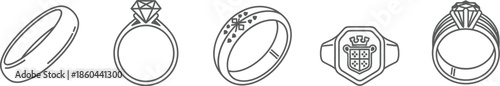 Set of five black outline jewelry icons showing various ring styles for design concepts