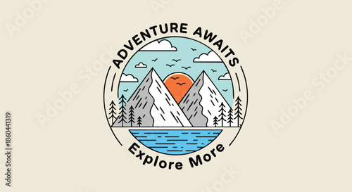 Adventure Awaits: Inspirational Mountain Landscape Emblem with Sun, Lake and Pine Trees for Travel and Outdoor Enthusiasts.