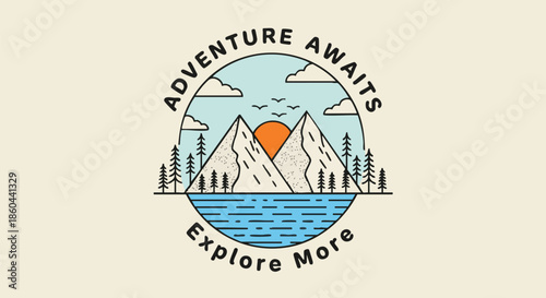 Adventure Awaits Explore More Vintage Mountain Landscape with Sun and Lake Logo Design.