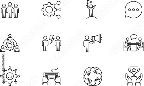 Set of thin line icons for teamwork leadership professional collaboration business communication corporate strategy partnership and achievement featuring human figures gears and trophies