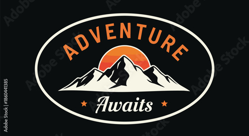 Adventure Awaits Mountain Sunrise Retro Emblem Design.