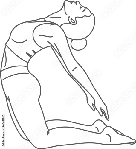 Minimalist line art illustration depicting a woman gracefully performing the Ustrasana or camel yoga pose