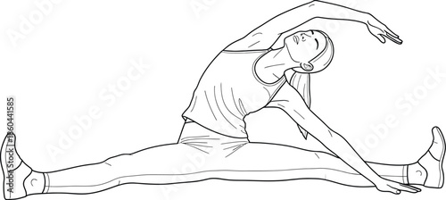 Line art drawing of a woman stretching sideways while seated in a wide leg split for flexibility exercises