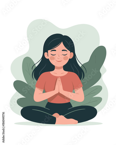 A serene illustration depicts a young woman peacefully meditating in a relaxed lotus position