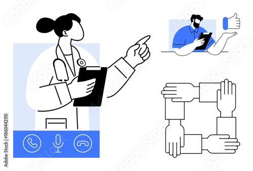 Telehealth, teamwork, online consultation, remote services, digital collaboration, virtual assistance. Doctor pointing, man holding tablet interlocked hands. Telehealth and teamwork concepts