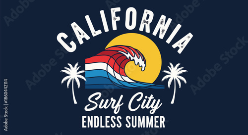 California Surf City "Endless Summer" Graphic Design with Sun and Palm Trees.