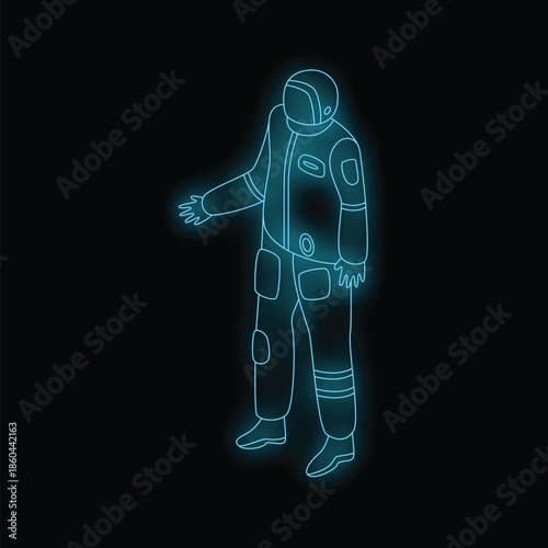 Glowing neon outline of astronaut wearing spacesuit floating in dark space, futuristic exploration concept