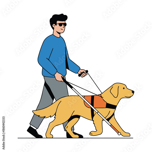 A man with a guide dog walking together representing assistance and companionship
