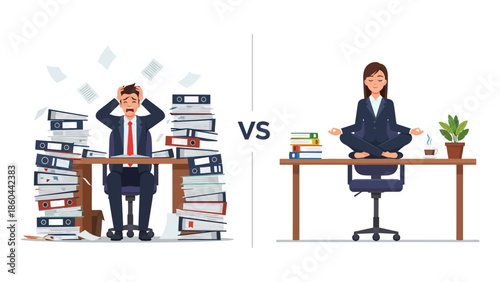  Deadline Stress vs Work Balance Vector Illustration – Panicked Businessman and Calm Businesswoman.