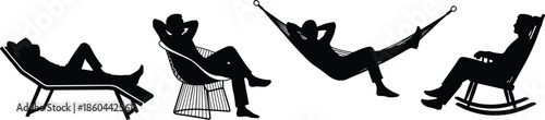 Relaxing silhouettes of people resting on chairs and hammock, peaceful leisure lifestyle concept promoting comfort, rest, freedom, calm moments
