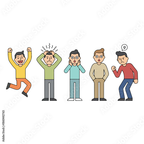A series of cartoon men displaying various emotional states and poses