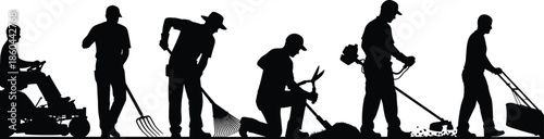 Silhouette of professional gardeners working outdoors, landscaping maintenance activities, lawn care tools, groundskeeping crew, gardening services, teamwork concept illustration