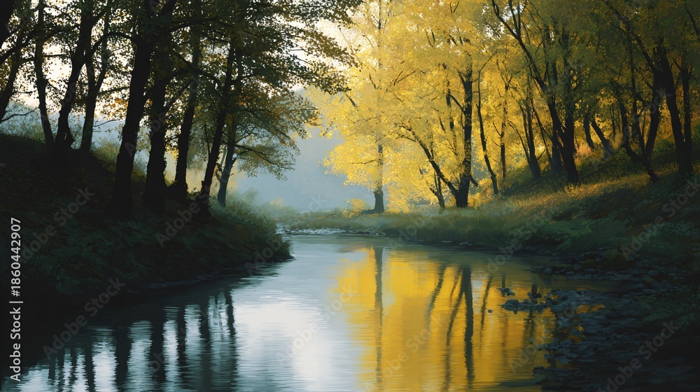 Obraz premium Autumn reflections tranquil river scene amidst golden trees nature landscape serene environment peaceful viewpoint