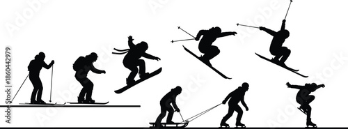 Silhouette sequence of skier performing jumps and tricks, winter sports action progression, freestyle skiing motion illustration on white background