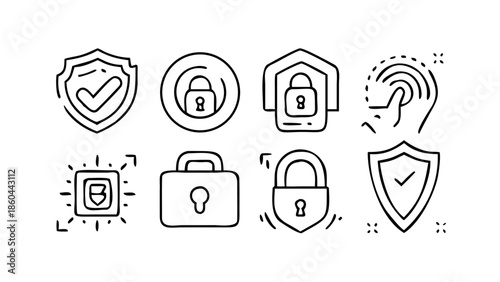 Professional vector icons for cyber security, shield, padlock, fingerprint scan, and data encryption, thin line style, minimalist.