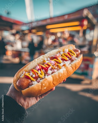 Close up of Person Holding Classic Hot Dog with Mustard Ketchup and Onions at Food Truck