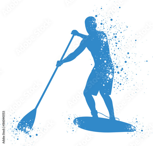 Stand up paddle boarding athlete silhouette, water sport action, summer adventure concept, splatter style illustration, outdoor fitness activity