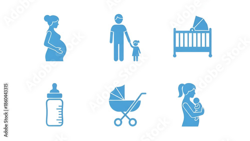 Pregnant Woman, Father with Child, Baby Care Icons Set