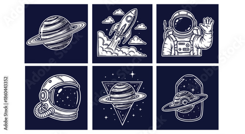 Cosmic Adventure Collection: Astronauts, Planets, and Rockets, Retro Space Illustrations.