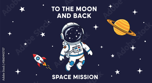 Cute Astronaut in Space with Rocket and Planet, Vector Illustration for Space Exploration and Science.