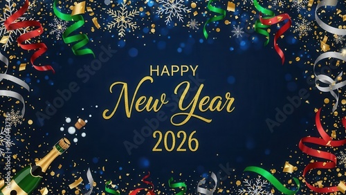 Happy new year 2026 festive background with champagne, confetti, and party streamers