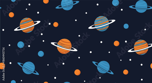Cute cartoon planets and stars seamless vector pattern for kids and science themes.