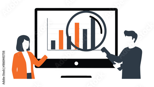  Flat Business People Vector Illustration – Analytics, Finance and Investment Monitoring on Computer.eps