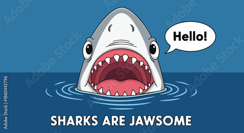 Cute Cartoon Shark with Open Mouth and Saying Hello, Perfect for Kids' Content and Marine Life Education.