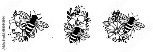 Honey Bee vector design templete. Vintage bee with flowers for logo, label, sublimation, sticker.