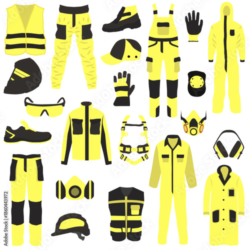 Set of protective clothing and personal protective equipment. Work clothes in yellow and black colors.