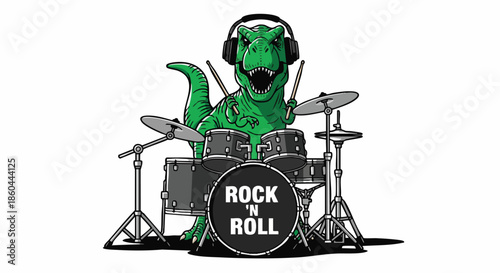 Energetic T-Rex Dinosaur Playing Drum Set with Headphones and Rock 'n Roll Logo on Bass Drum.