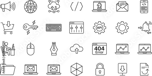 Vector set of thin line icons for web development digital marketing e-commerce and software programming featuring coding symbols cloud computing security and data analytics