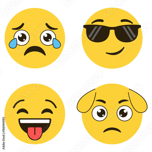 Expressive Emoji Collection: A vibrant assortment of emotive faces, each radiating distinct feelings, from joy and cool to sadness and silliness, capturing the essence of digital expressions.
