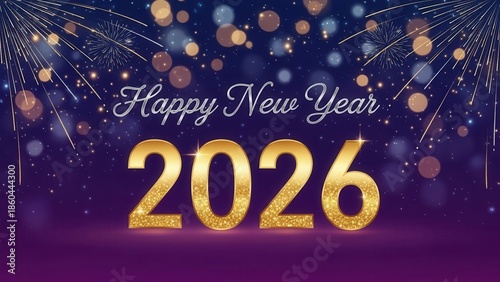 Elegant happy new year 2026 banner with golden glitter numbers and soft bokeh lights on purple backdrop