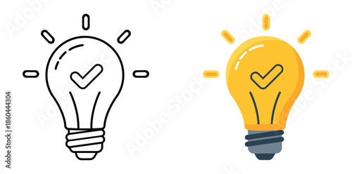 Idea Validation: Conceptual illustration of a light bulb with a check mark, representing a successful idea and innovative thought. The images evoke solutions.