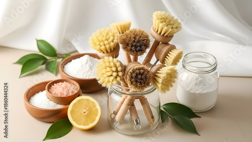 Group of natural wooden dishwashing brushes stored in a clear glass jar surrounded by bowls of white powder baking soda pink salt and a fresh half lemon slice