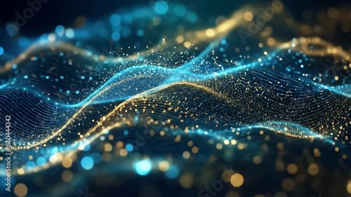 Abstract digital waves of glowing blue and golden particles flowing dynamically.