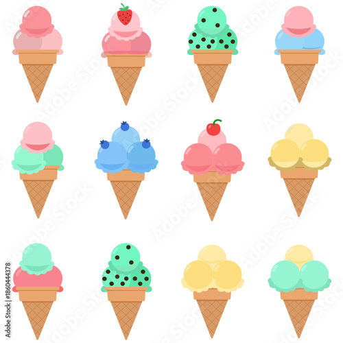 Delectable Ice Cream Cones: A delightful assortment of vibrantly colored ice cream cones, each topped with a variety of fresh fruit toppings, are arranged in an eye-catching display.