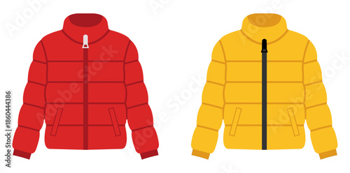 Colorful Puffer Jackets: A pair of vibrant puffer jackets, one a rich red and the other a sunny yellow, offer warmth and style, perfect for cold weather adventures. 