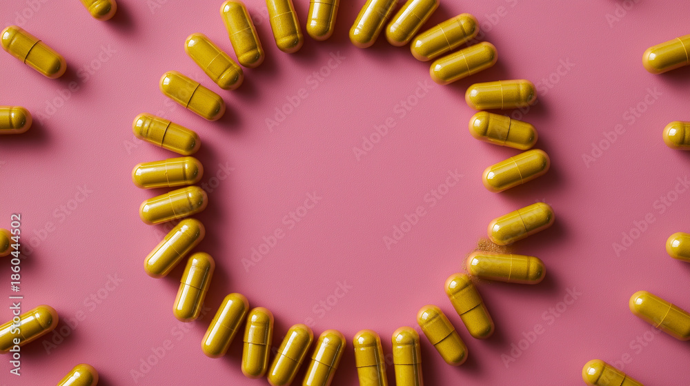 Obraz premium Yellow Herbal Supplement Capsules Forming Circular Frame on Pink Background, Vitamins and Wellness Concept, Healthcare and Nutrition Minimal Flat Lay