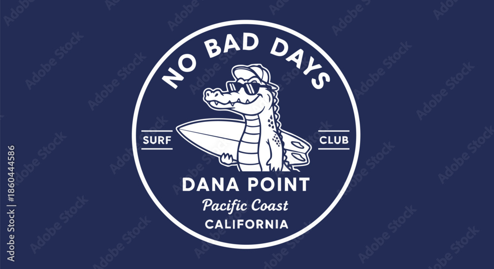 Fototapeta premium Fun Cartoon Alligator Surfer Logo for Surf Club in Dana Point, California.