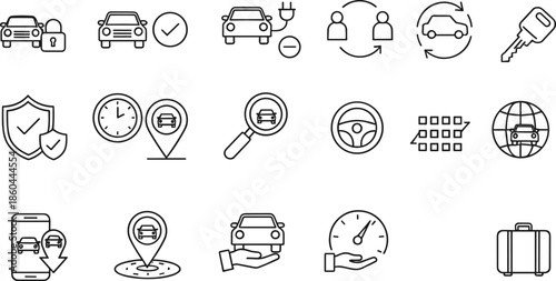 Complete automotive services line icon set featuring car rental security locks electric vehicle charging global tracking and mobile car sharing symbols