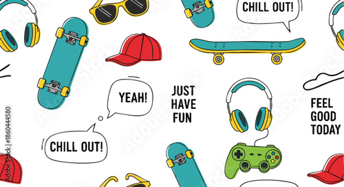 Fun & Leisure Vibes: Skateboards, Headphones, Caps, Sunglasses and Gaming Controller Pattern.